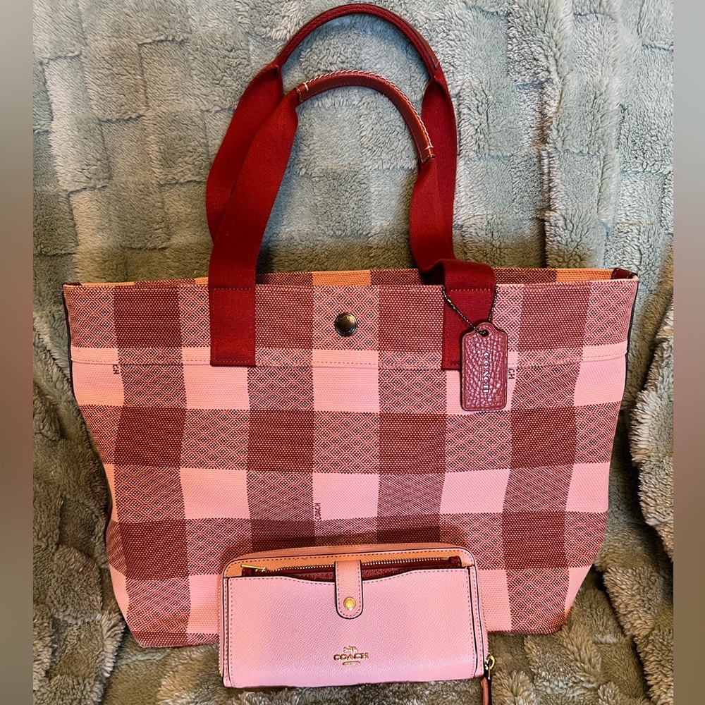 Coach Red and Pink Buffalo Check Tote & Wallet